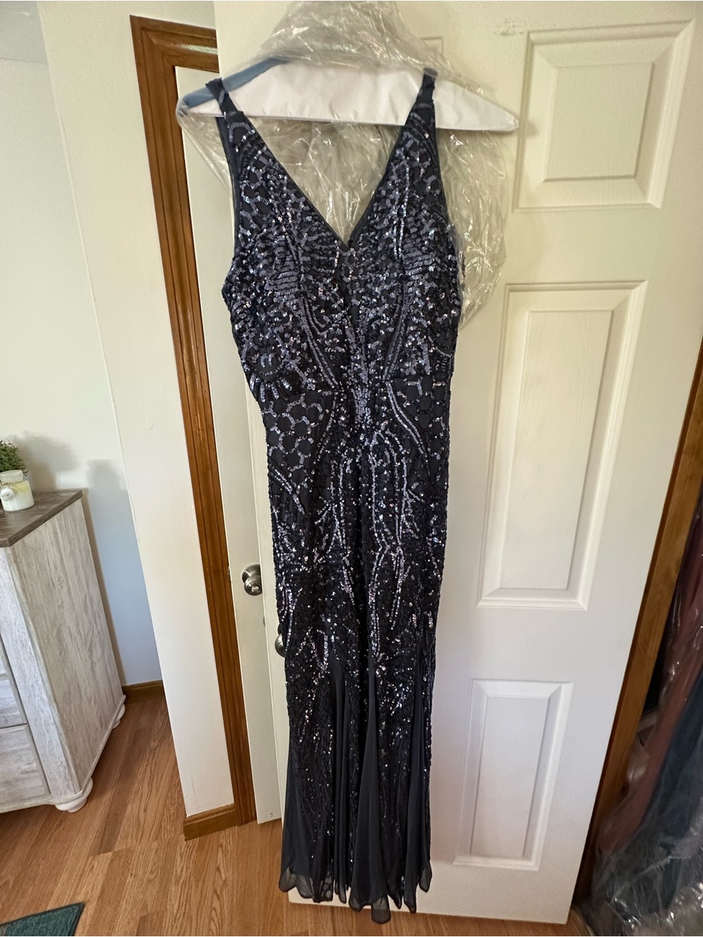 Night Way Collections Navy Sequin V-Neck Prom Gown
